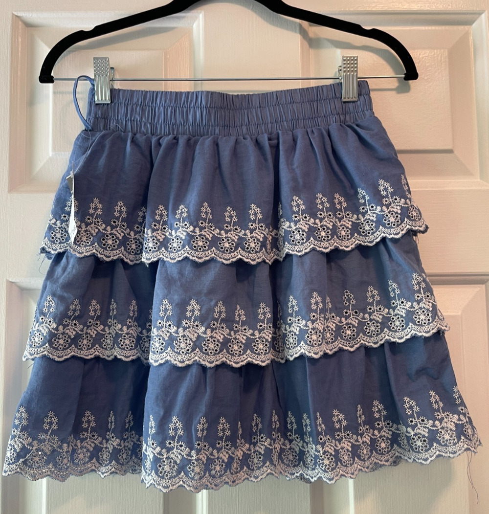 Rue 21 Mini Skirt Womens M Blue Eyelet Floral Ruffle Pull On Boho Festival New